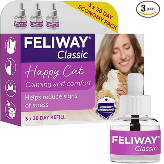Available in Uk £11 - FELIWAY Classic 3 x 30 Day Cat Calming Odourless Refills for Pheromone Diffuser, 3 x 48ml - Helps Solve Common Signs of Stress in Cats & Kittens, Veterinary Recommended, Drug-free, Clinically Proven
