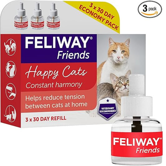 Available in Uk £11 - FELIWAY Friends 3 x 30 Day Cat Calming Odourless Refills for Pheromone Diffuser, 3 x 48ml - Helps create harmony and resolve conflict in multi cat households, Veterinary Recommended, Drug-free