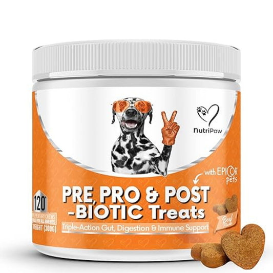 Available in Uk £12 - NutriPaw Pre, Pro & Postbiotic Digestive Treats For Dogs - Gut Health, Sensitive Tums, Anal Glands, Scooting, Loose Stools, Smelly, Itchy Ears, Great for all dogs
